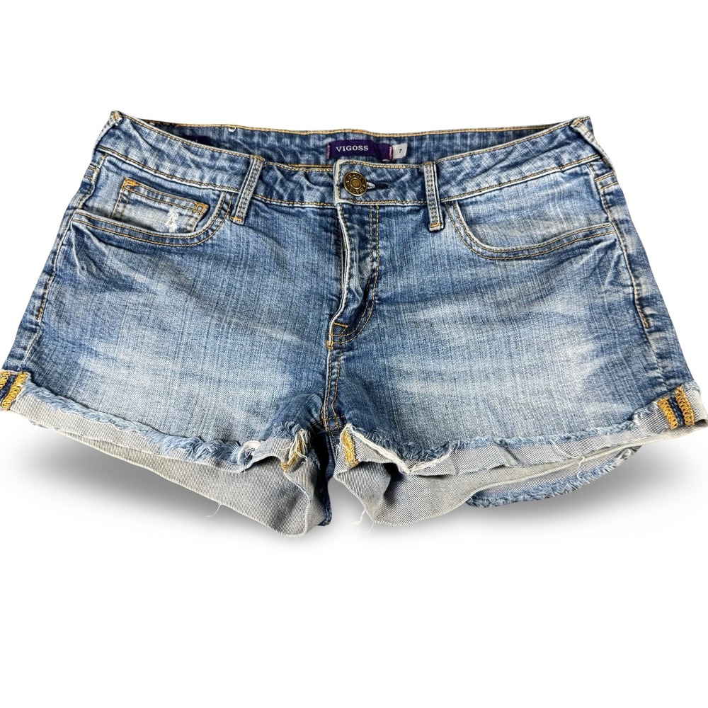 Vigoss Size 7 Low Rise Cutoff Denim Shorts Distressed Thick Embroidered Pockets
